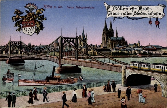 Ak Köln am Rhein, Neue Hängebrücke, Rhein, Dom, Schiffe, Menschen