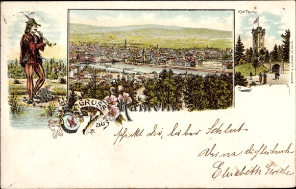 litho Hamelen aan de Weser, rattenvanger, stadspanorama, Klütturm