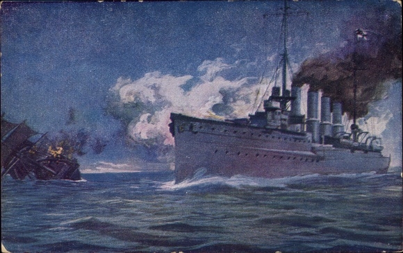 Künstler Ak Schulze, Hans Rudolf, Kriegsschiff Karlsruhe versenkt Franz. Segelschiff