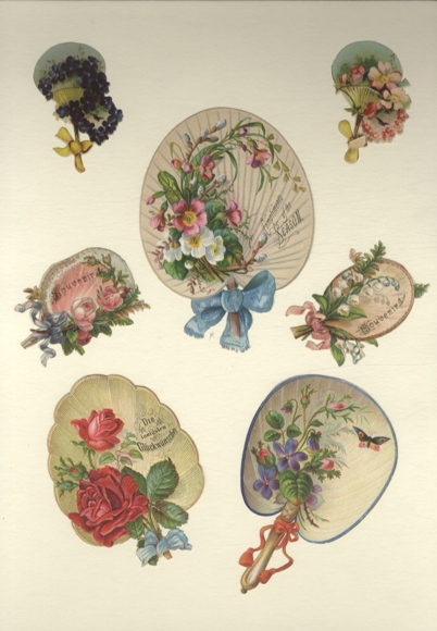 7 wafer fans with flowers and bows, size approx. 11 x 8 cm to 6 x 4 cm