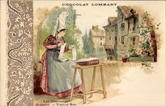 Postcard Alencon Orne, Les Dentelles, Vieille Rue, Chocolat Lombart