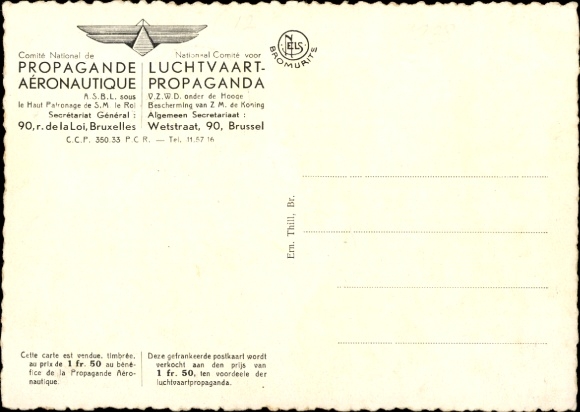 Maximum Postcard National Committee for Aviation Propaganda, King Leopold III. from Belgium, airplane