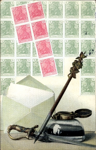 Postzegels Ak-inktpot, briefopener, 5 en 10 Pfennig-zegels