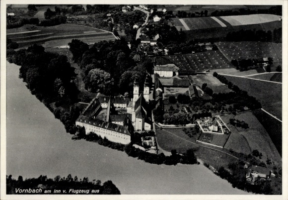 Postcard Vornbach Neuhaus am Inn, aerial photograph