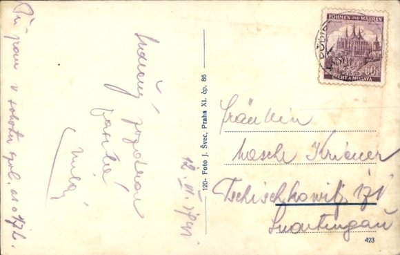 Postcard Lázně Poděbrady Bad Poděbrady Region Central Bohemia, equestrian statue, building, lettering OREANSKA