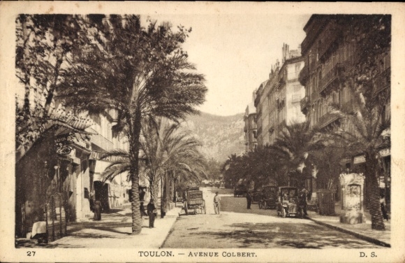 Postcard Toulon Var, Avenue Colbert, palm trees, old buildings, street scene, black and white cart