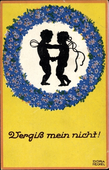 Scherenschnitt Künstler Ak Heckel, Dora, Vergiss mein nicht, Elfen, Vergissmeinnicht