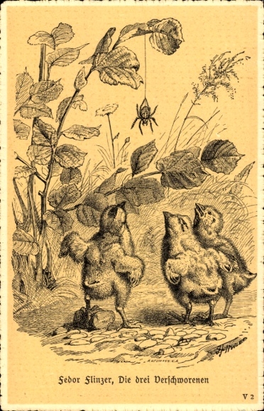 Artist Postcard Fedor Flinzer, The three conspirators, chick, spider
