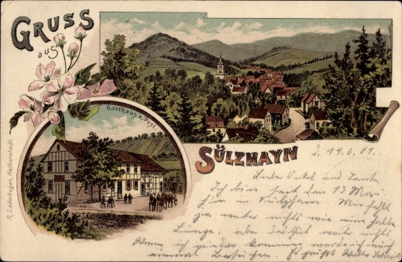 Litho Sülzhayn Ellrich Thüringen, Totalansicht, Gasthaus zur Post