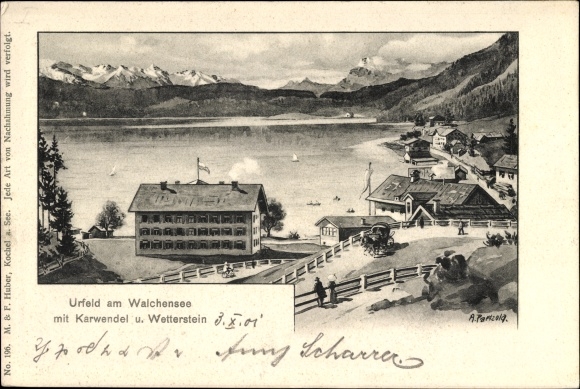Artist PC Urfeld Kochel am See Upper Bavaria, town view, view over the lake, Karwendel, Wetterstein
