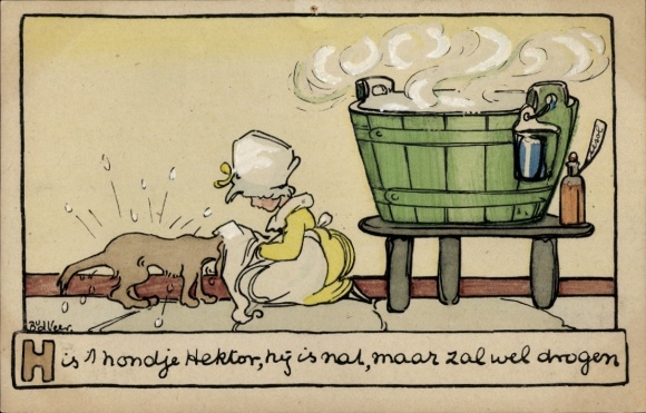 Künstler Ak Mädchen trocknet seinen Hund nach dem Waschen