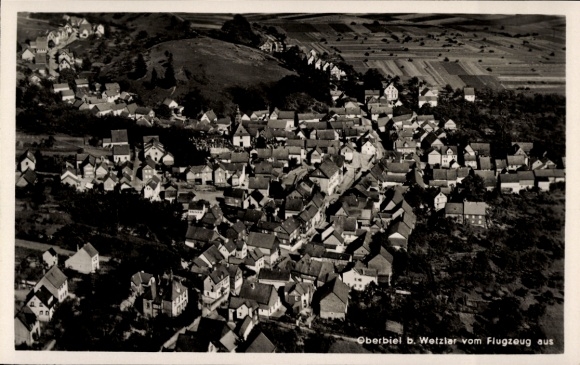 Postcard Oberbiel Solms in Hesse, aerial view of Oberbiel, many houses, rural surroundings