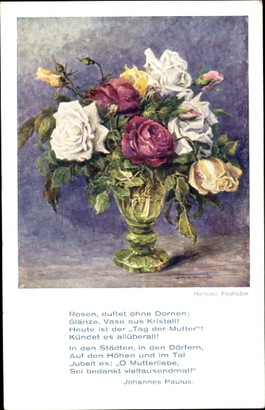 Artist Postcard Faulhaber, Hermine, flower vase with roses, poem by John Paul