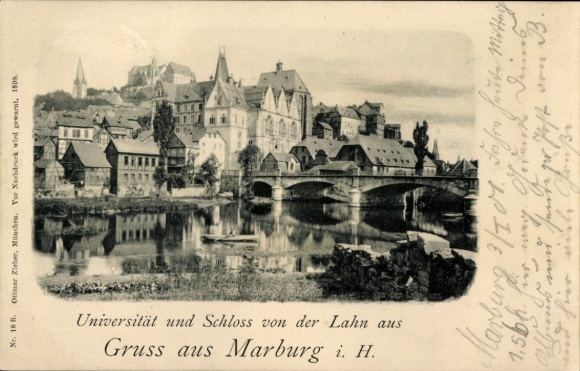 Postcard Marburg an der Lahn, University and Castle, Lahn, bridge, houses, landscape