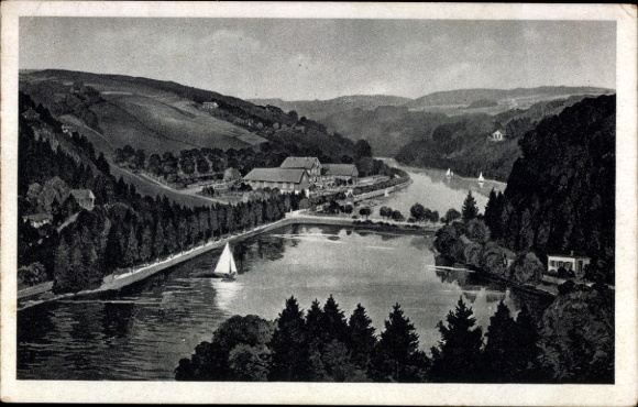 Postcard Burscheid, Diepental Dam, landscape with dam, boat on the water, wooded banks,