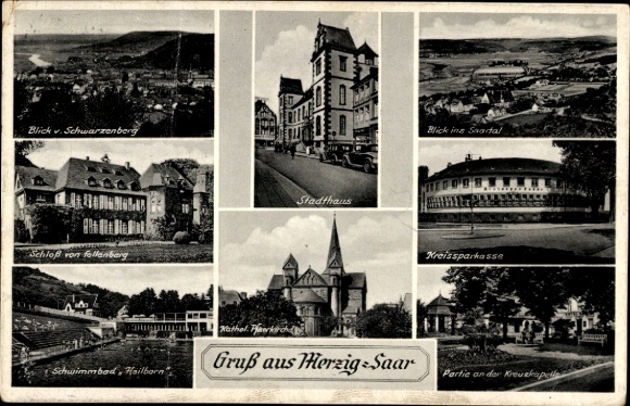Ansichtkaart Merzig an der Saar, herenhuis, districtsspaarbank, kasteel Fellenberg, zwembad Heilborn