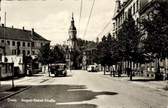 Ak Greiz im Vogtland Thüringen, Stadtansicht von  August-Bebel-Straße, Gebäude, Bäume,  Architekt