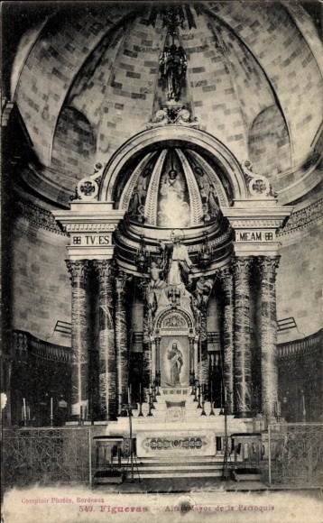 Ak Figueras Katalonien, Altar, religiöse Darstellung, Säulen, Statue, Schriftzüge