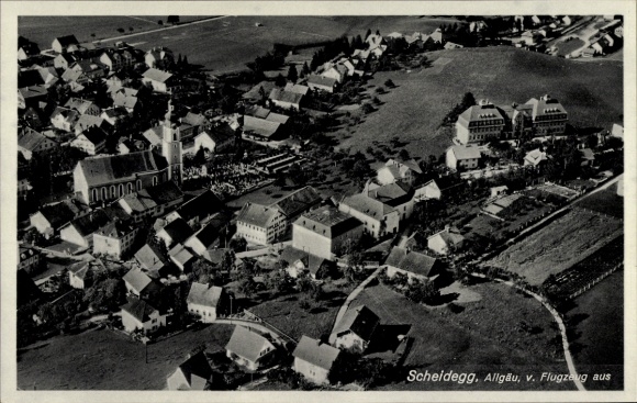 Postcard Scheidegg in Allgäu Swabia, aerial photograph