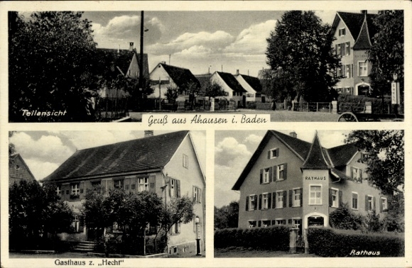 Ak Ahausen in Baden Bermatingen im Bodenseekreis, Gasthaus zum Hecht, Rathaus, Teilansicht