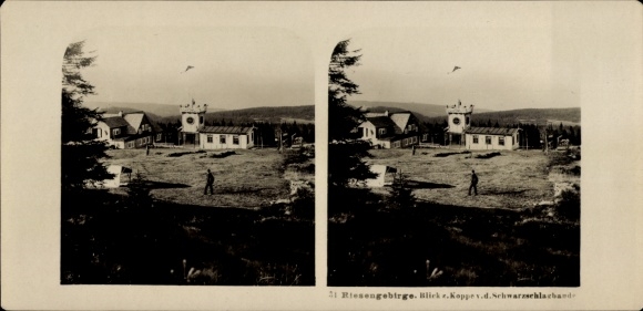 Stereofoto Janské Lázně Johannisbad Reuzengebergte Reg. Königgrätz, Schwarzschlagbaude, Černá bouda