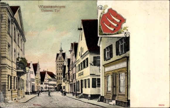 Ak Weißenhorn in Schwaben, Unteres Tor, Straßenpartir, Uhrenturm, Wappen