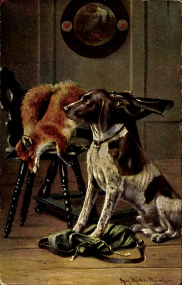 Artist Postcard Müller, August, Hunting dog with killed fox