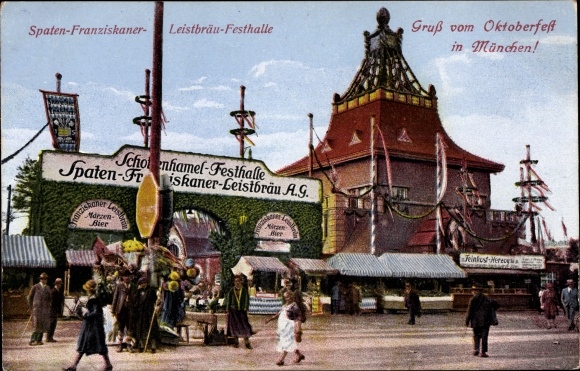 Postcard Munich, Oktoberfest, Spaten-Franziskaner-Leistbräu-Festhalle