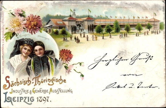 litho Leipzig, Saksische Thüringer industrie- en handelstentoonstelling 1897, vrouwen in klederdracht