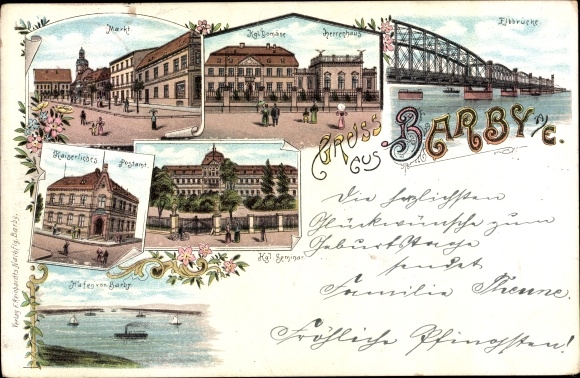 Litho Barby an der Elbe, Herrenhaus, Elbbrücke, Postamt, Kgl. Seminar, Hafen, Markt