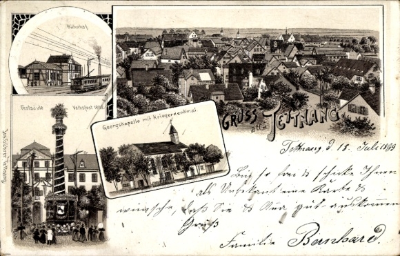 Litho Tettnang in Württemberg, Bahnhof, Georgskapelle, Kriegerdenkmal, Festsäule, Gesamtansicht