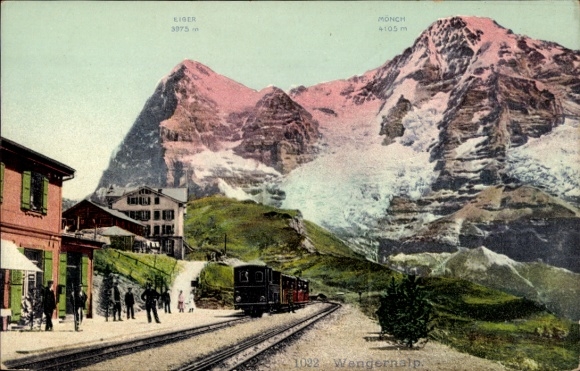 Postcard Wengernalp Kt. Bern, Eiger and Mönch, train station, track side, Alps