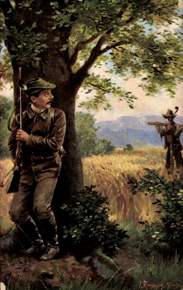Artist Postcard Jäger hides behind a tree