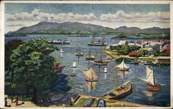 KP Pointe a Pitre Gwadelupa, widok na port, żaglówki, góry w tle, obraz Germaina