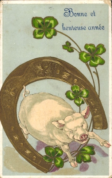 Embossed PC Happy New Year, pig, horseshoe, clover leaves