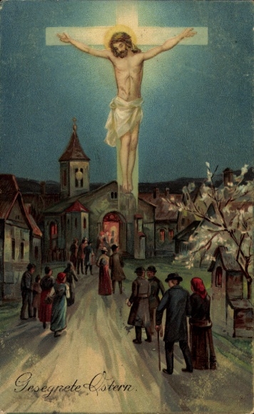 Ak Glückwunsch Ostern, Jesus, Menschen auf dem Weg zur Kirche