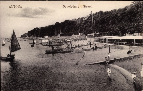 Postcard Hamburg Oevelgönne Altona Othmarschen, beach, boats, covered terrace