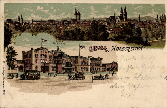 Chromo-Litho Halberstadt in Saxony Anhalt, city panorama, view of the train station