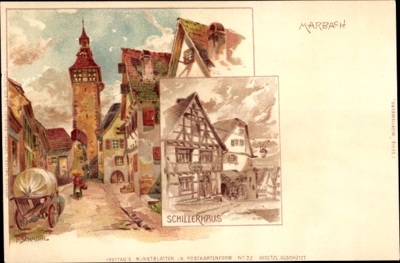 Artist Chromo-Litho Schmohl, P., Marbach in Baden Württemberg, City View, Schillerhaus, No. 22