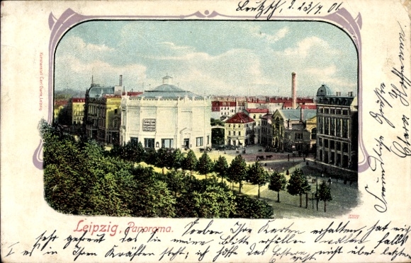 KP Lipsk, Wystawa Sasko-Turyńska 1897, widok panoramiczny drzew, budynków, poczty...