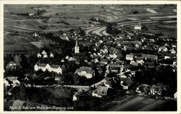 Postcard Kork Kehl am Rhein, aerial view of Kork, Rhineland landscape, church, houses