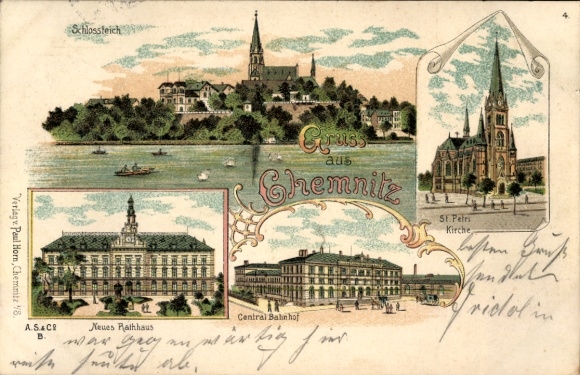Chromo-Litho Chemnitz in Saxony, train station, new town hall, castle pond, St. Petri Church