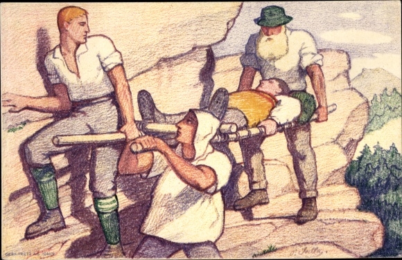 Ganzsachen Ak Schweiz, Bundesfeierkarte 1921, Caritas, Männer mit Trage im Gebirge
