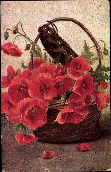 Artist PC Marie Keller-Hermann, flower basket, poppies, butterflies
