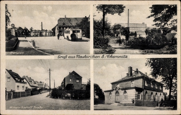 Ak Neukirchen im Erzgebirge, Steinplatz, Wilhelm Gustloff Straße, Gemeindebad, Strumpffabrik