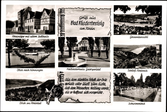 Postcard Niederbreisig Bad Breisig am Rhein, Rheineck Castle, Geiersprudel, old customs house, Hönningen