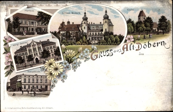 Chromo-Litho Altdöbern in Niederlausitz, vicarage, castle, church, royal seminary, post office