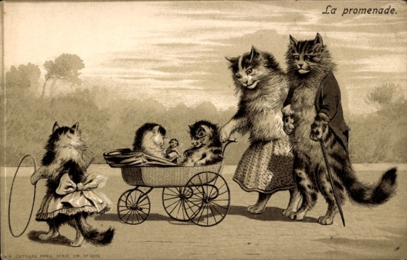 Embossing Chromo-Litho Humanized Cats, Family, Stroller, Tires