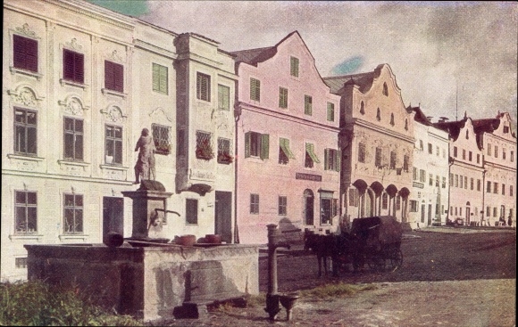 PC Neufelden in the Mühlviertel Upper Austria, street section, fountain