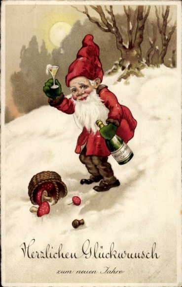 Postcard Happy New Year, dwarf with champagne